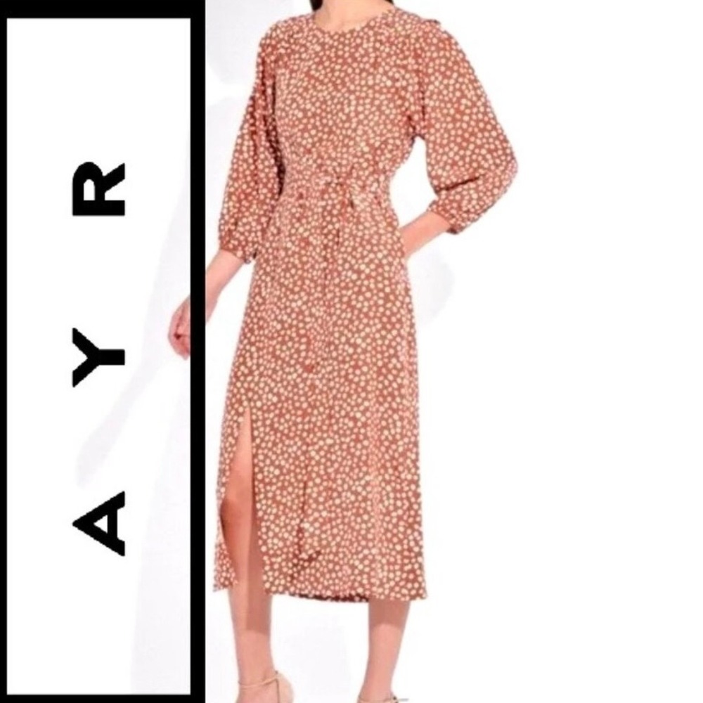 AYR Rust Brown Polka Dot 100% Silk Midi Dress Pockets Size M Missing Belt